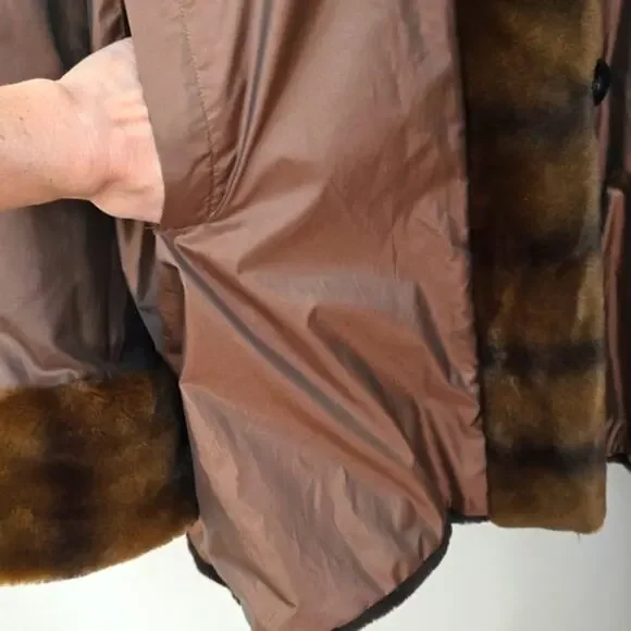 Dennis Basso Chocolate Brown Coat Large Faux Fur Hood Tafetta jacket - Picture 5 of 8